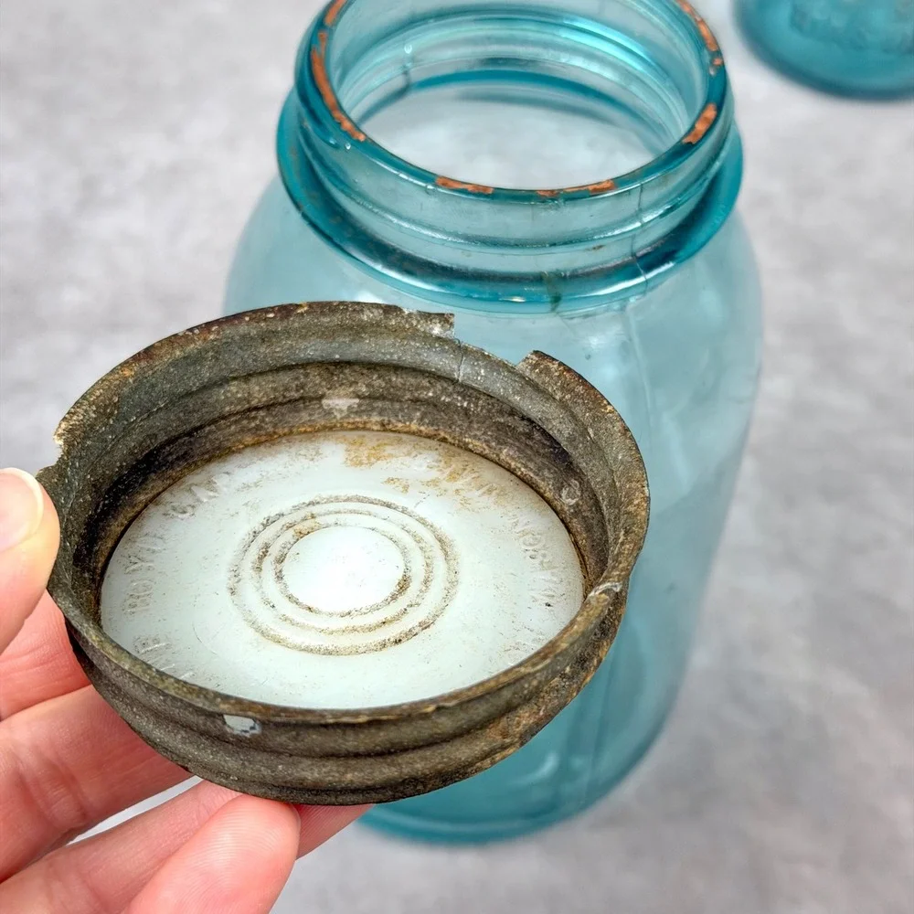 Vintage Ball Perfect Mason Jars Aqua Blue Glass Set of 3 Zinc Lids Antique Decor